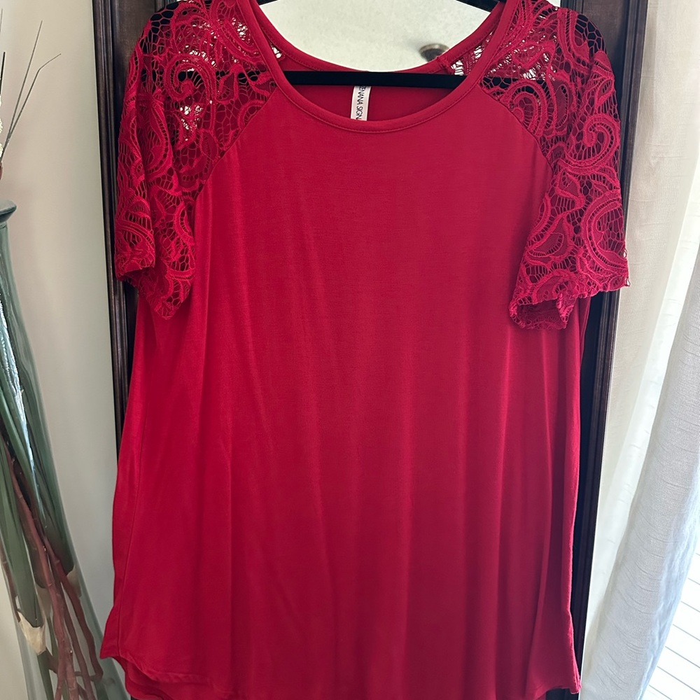Red Lace Sleeve Women's Top